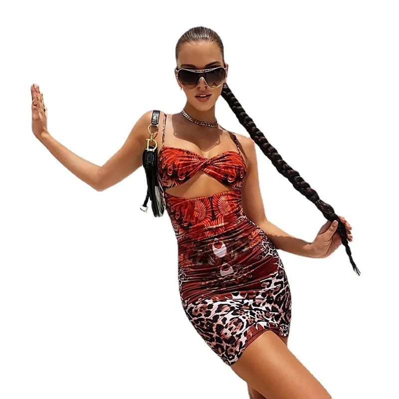 

European and American summer ins hot models women's 2021 new skirts printed hit color flowers low-cut backpack hip sling dress