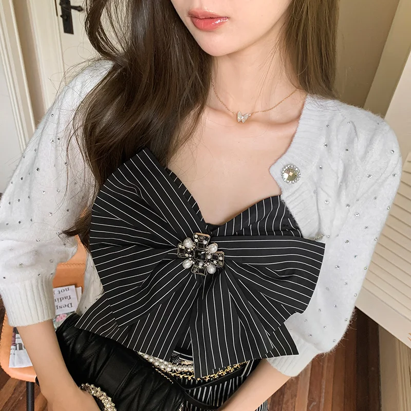 Cacah Up summer newstyle women's chest big bow flower sling high quality2021brooch black striped vest top for women's outer wear