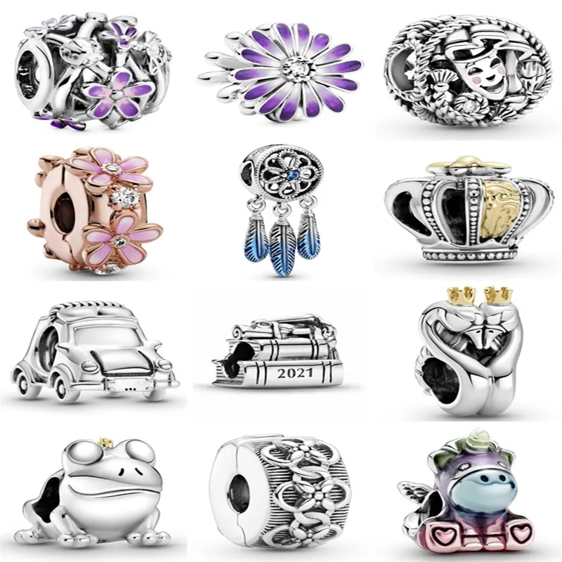 

Authentic 925 Sterling Silver Openwork Purple Daisy Flower Dangle Charm Bead Fit Pandora Bracelet & Necklace Jewelry
