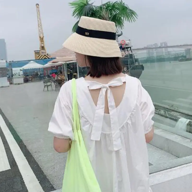 

2021 Women Spring Summer Casual Solid Dresses Female Plus Size Puff Sleeve V-Neck Pleated Dress Lady Elegant A-line Vestido J113