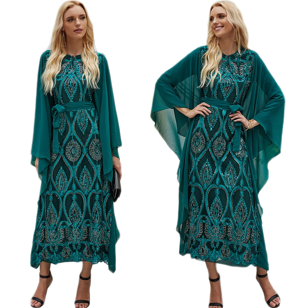 

Muslim Luxury Embroidery Long Dress Abaya Dubai Casual Holiday Women Maxi Robe Bat Sleeve Chiffon Party Evening Dresses Oversize