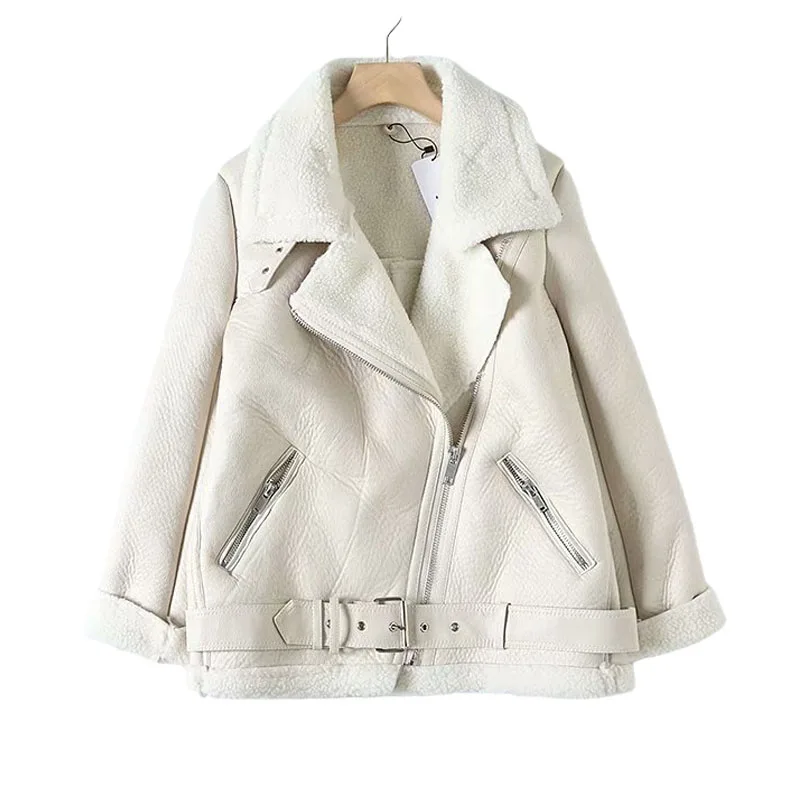 

Za Fur Long Sleeved Loose Belt Warm Women's Jacket Lamb Wool Winter Thickened Locomotive Lapel Female Coat Beige Black Chic PU