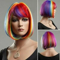 qqxcaiw women short straight rainbow bob cosplay wigs with bangs party heat resistant synthetic hair wigs