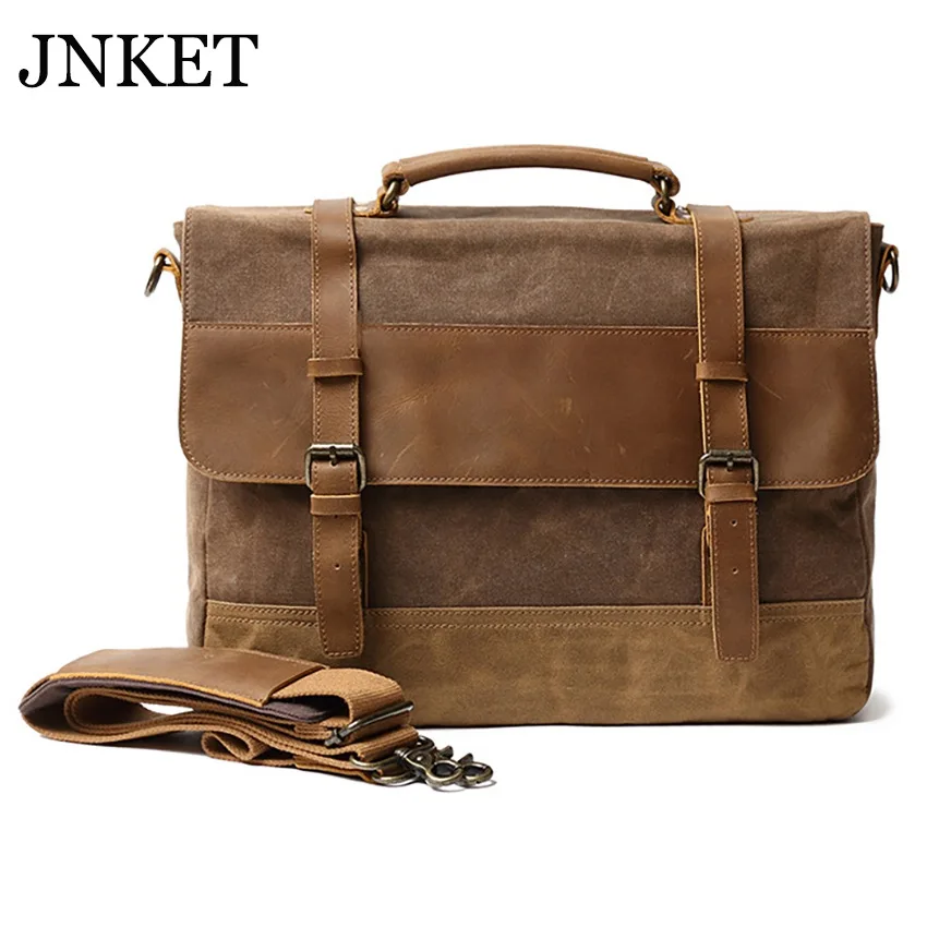 JNKET New Vintage Men's Canvas Handbag Crazy Horse Leather Shoulder Bag  Large Capacity Messenger Bags Crossbody Bag