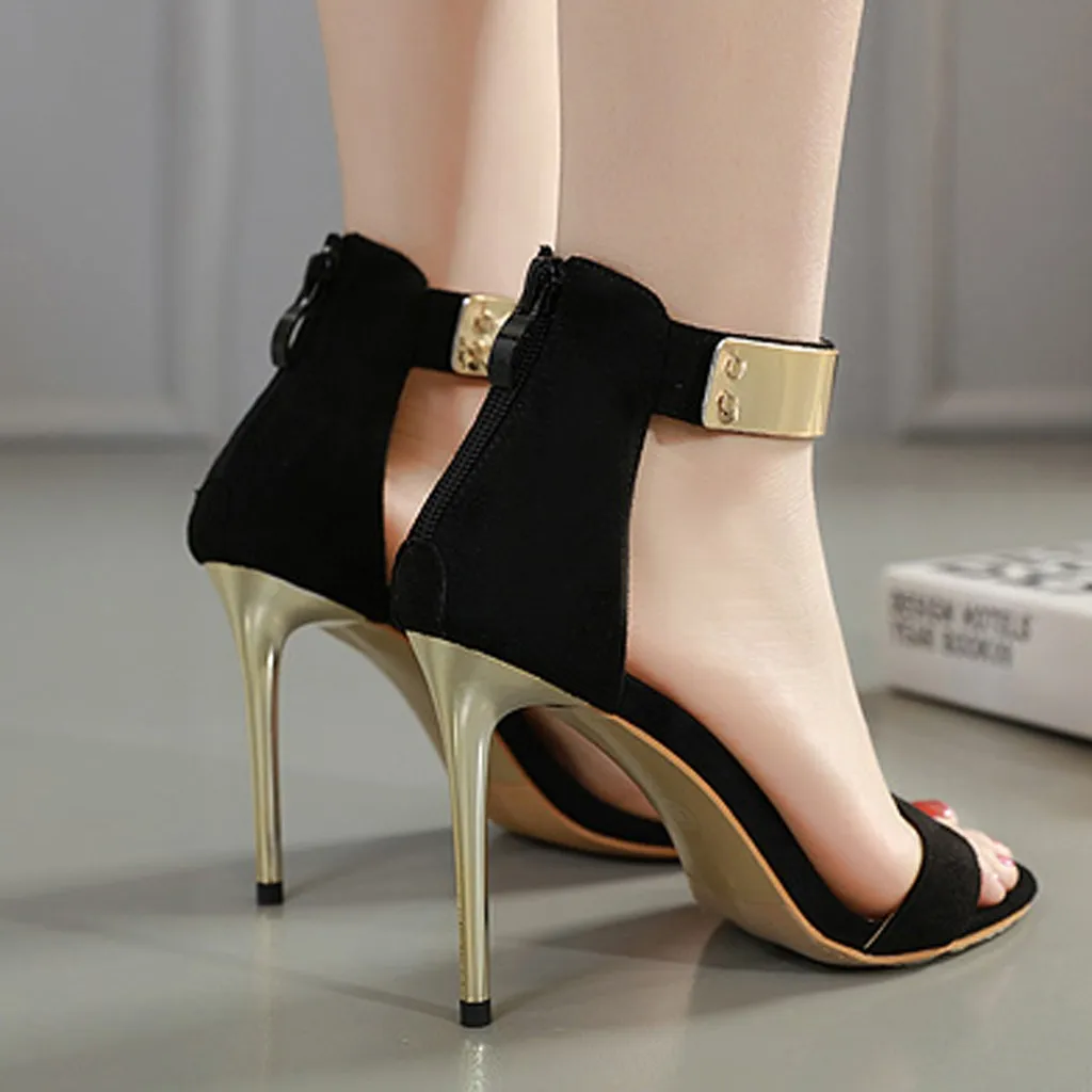 

YOUYEDIAN Women's Summer Casual Fashion Buckle Leather-Like Metal Sandals High Heels Shoes sandales femme 2019 confort#N6