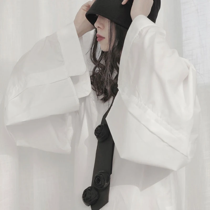 

[EAM] Women White Brief Bigs Zie Irregular Blouse New Lapel Long Sleeve Loose Fit Shirt Fashion Tide Spring Autumn 2021 1DB744