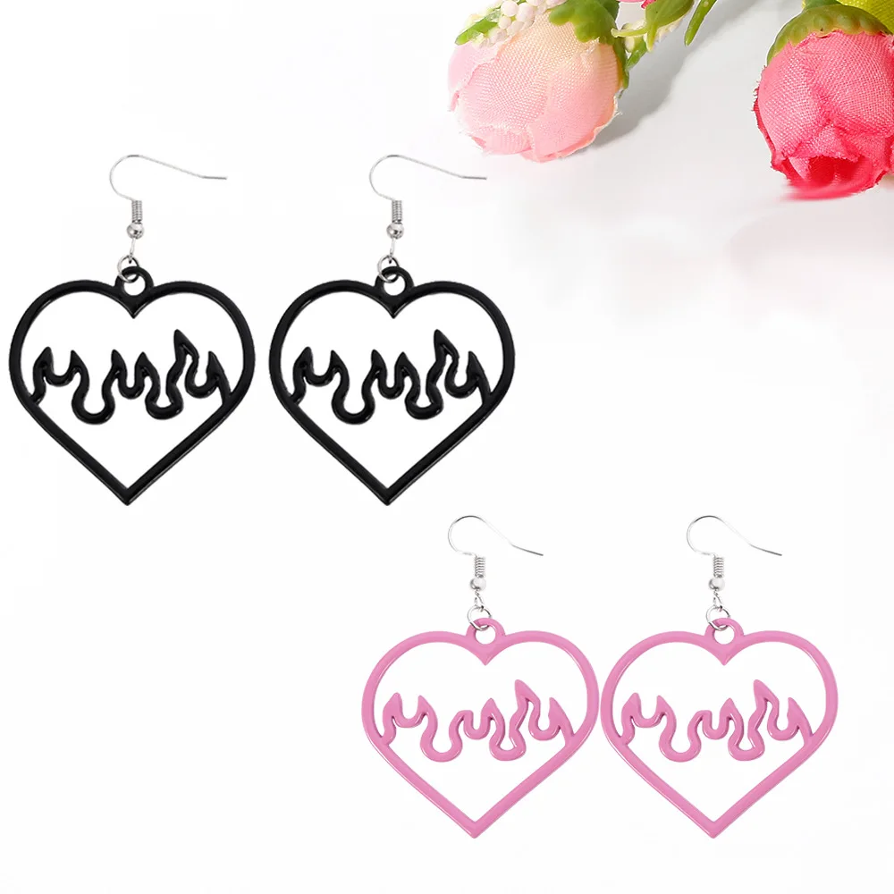 

WANGAIYAO new creative flame black pink big peach heart earrings fashion love flame hollow cute girl earrings birthday anniversa