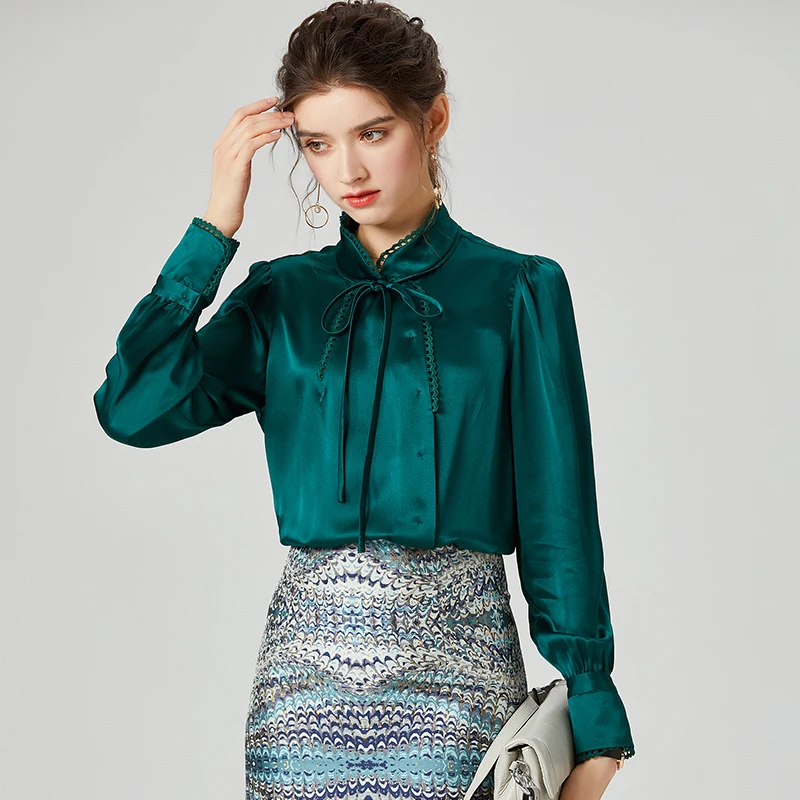 100% тяжелый Шелковый Атлас женская рубашка высокого качества шелковая вышивка