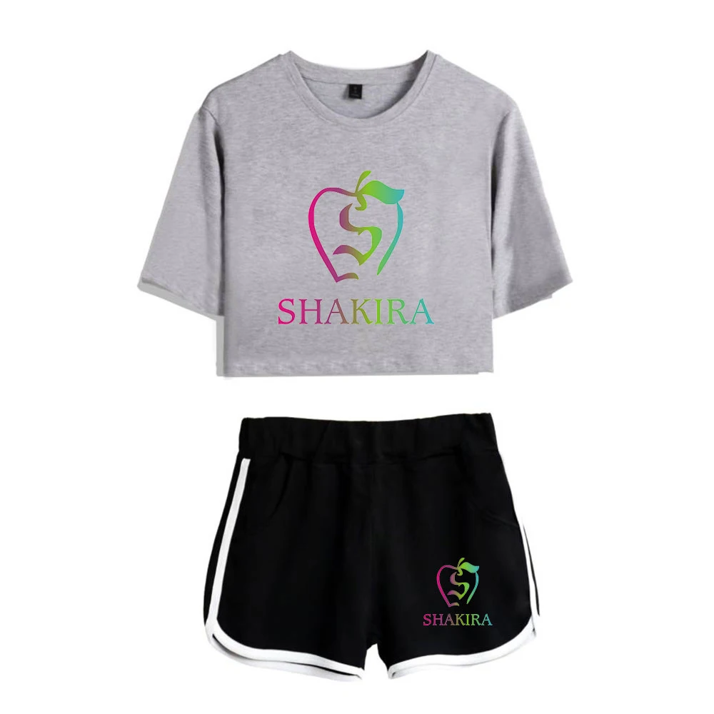 

WAWNI Shakira Navel T Shirt Casual Shorts Sexy Two Piece Suit Harajuku Cotton Plus Polyester Conventional Kawaii Fashion Print