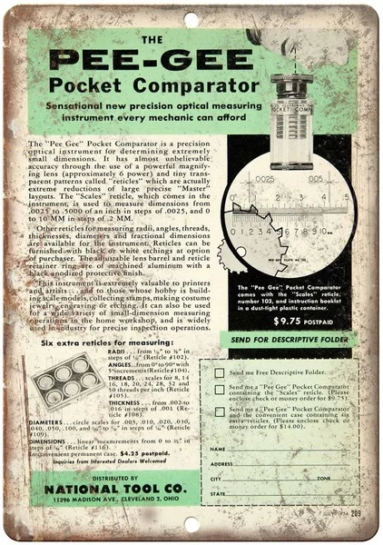 

Pee-GEE Pocket Comparator Tin Sign art wall decoration,vintage aluminum retro metal sign,iron painting vintage decoration sign