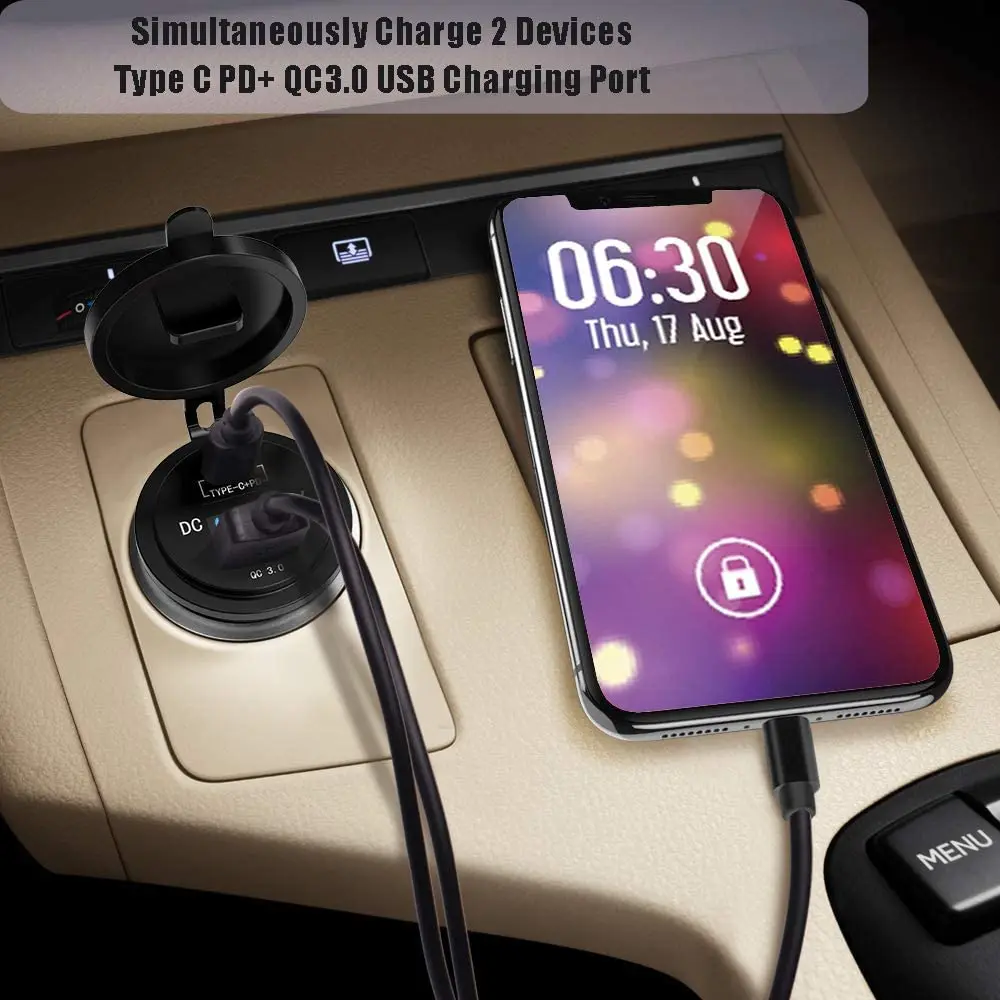 LYKAS Car USB PD Charger 12V - High-Speed Dual USB Type C Charger with LED Voltage Meter Universal for Truck Boat Motorcycle, Quick Charge 3.0 Compatible image 4