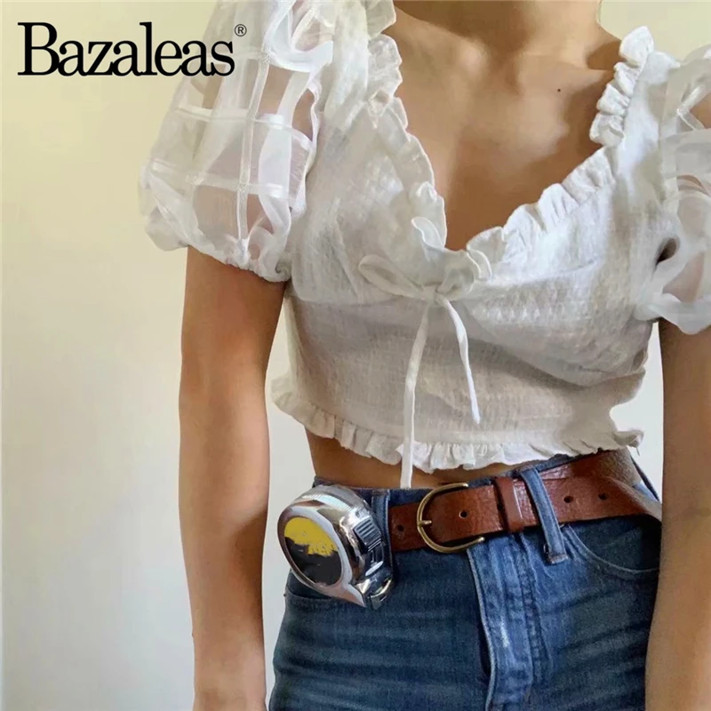 Шикарный белый укороченный топ Bazaleas с жемчужными пуговицами сетчатые топы и