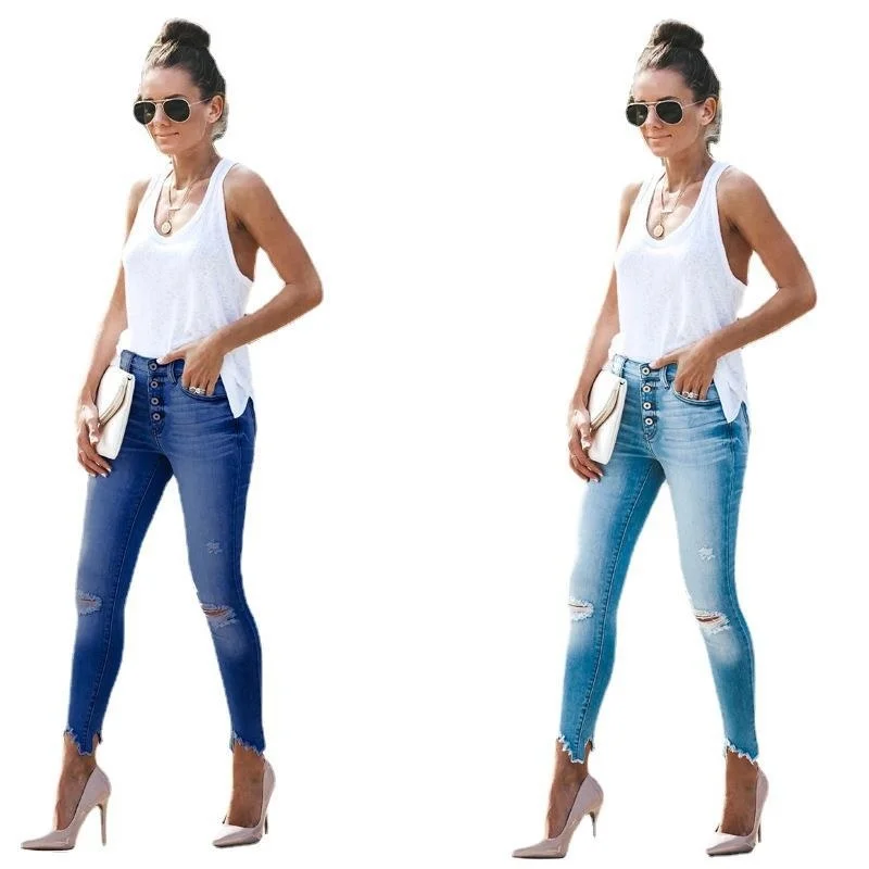 

2021 Straight Stretch Denim Women's Pants With Holes And Hips New Fashion High Waist Jeans Woman