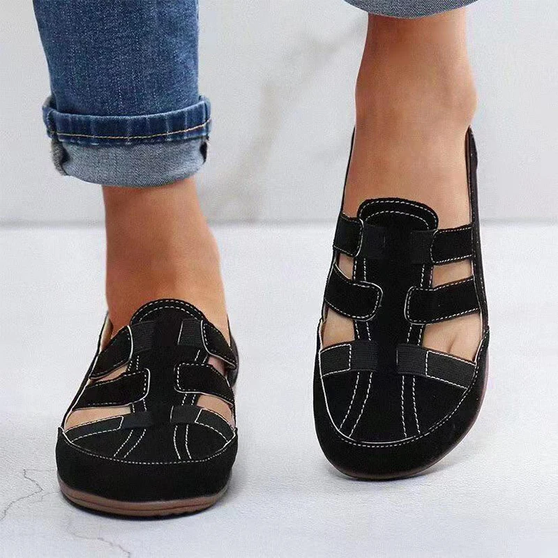 

New Summer 2021 Women Elastic Band Hollow Out Flat Woman Flock Sewing Solid Shoes Female Comfortable Ladies Casual Big Size