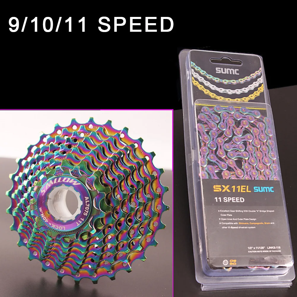 

9/10/11 Speed 28T Bike Hollow Flywheel Colorful Cassette Freewheels With Compatible Chain Set Road Bike MTB Lightweight