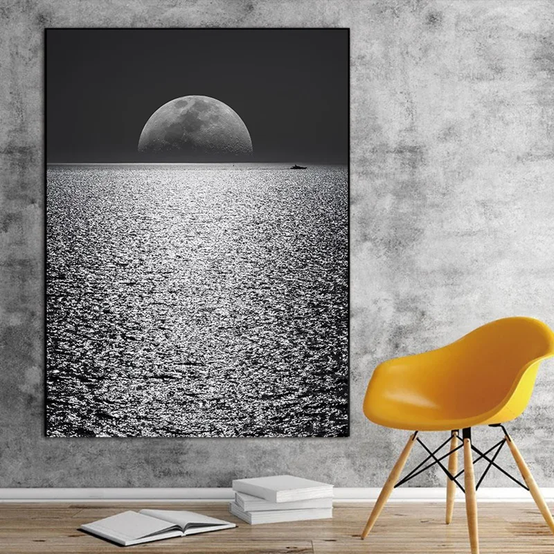 

Midnight Moon and Black Sea Wall Art Pictures Modern Minimalist Art Print Posters Canvas Painting Home Living Room Home Decor