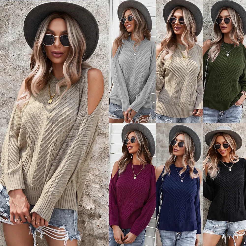 

Woman Sweaters 2021 Autumn Winter New Solid Color Off-Shoulder Long Sleeved Woman Thick Sweaters Knitted Stripe Pullover lady