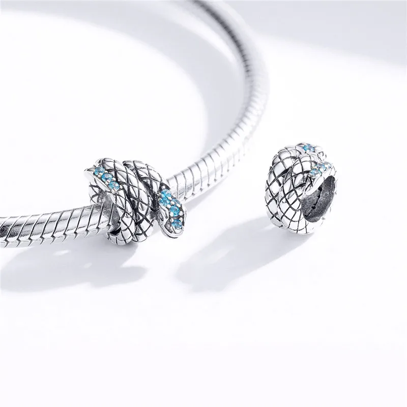 Fit Pandora браслет серебро 925 Синий Циркон панк бусины с имитацией змеиной шкуры S925 Винтаж яростное животное подвески для DIY ювелирных изделий