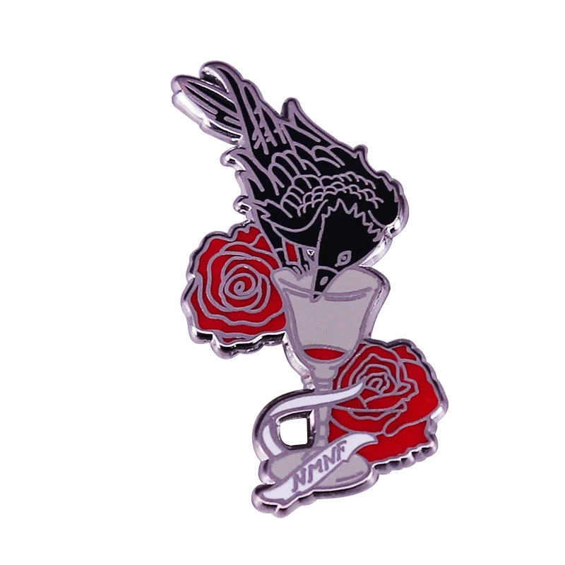Red Rose Crow Wine Brooch NMNF Raven Enamel Pin &quotNO MOURNERS NO FUNERALS&quot the Six of Crows Badge | Brooches