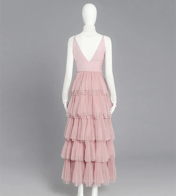 Женское рождественское платье длинное розовое Сетчатое с V-образным вырезом и