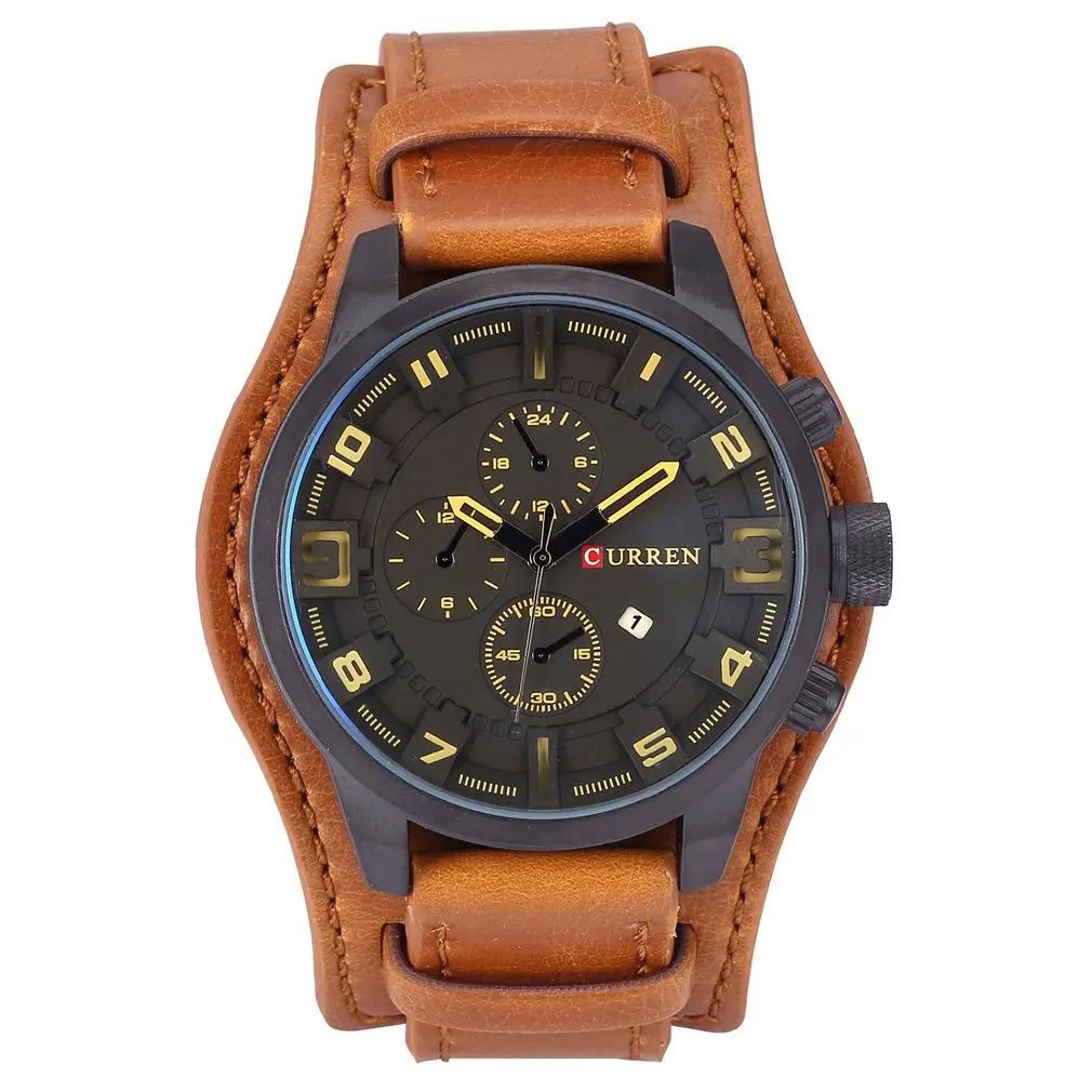 Для мужчин и женщин металлический чехол наручные часы Календарь кожаный ремешок