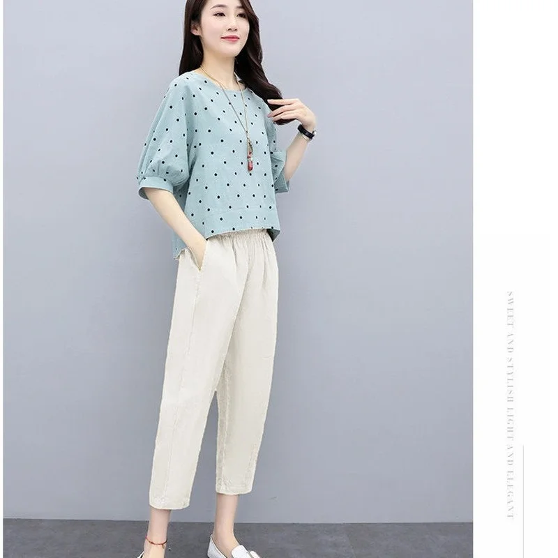 

2021 Casual Set Summer Short Sleeve Dot Print Top and Pants Suits Ladies Fashion 2 Piece Set Cotton Womens Outfits Y894