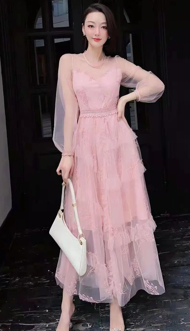 

Женское длинное платье с длинным рукавом, синее или розовое платье макси из тюля в стиле пэчворк, элегантное платье для свадьбы и вечеринки, ...