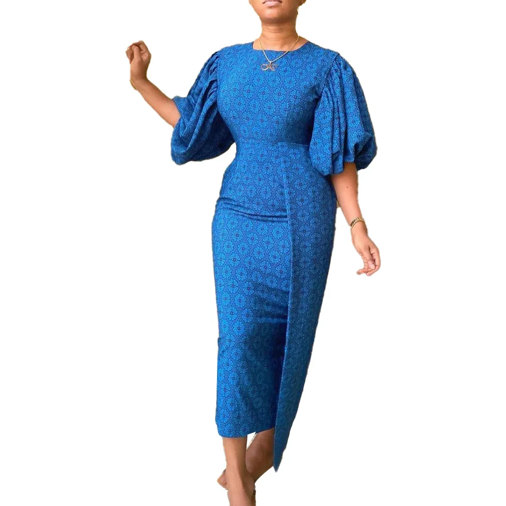 

Women Print Long Dress O Neck Puff Sleeves Slim Party Occasion Elegant Classy Modest Female African Fashion Vestidos Robes Gowns
