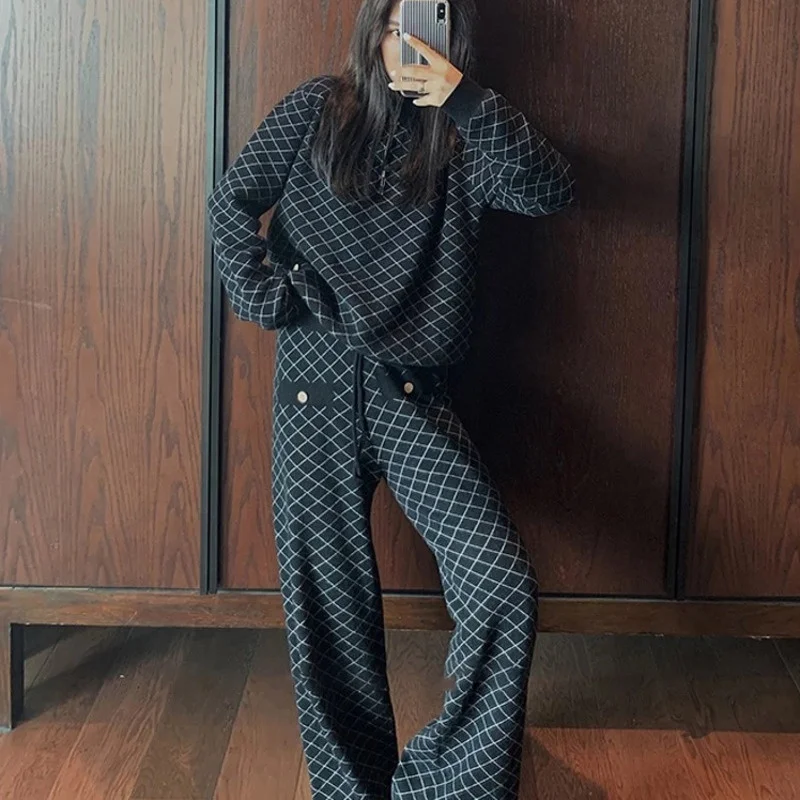 

2021 New Spring Autumn Korean Plaid Tracksuit Women Loose Sweater Tops & Wide Leg Pants Suits Knitted Sport 2 Piece Suit Sets