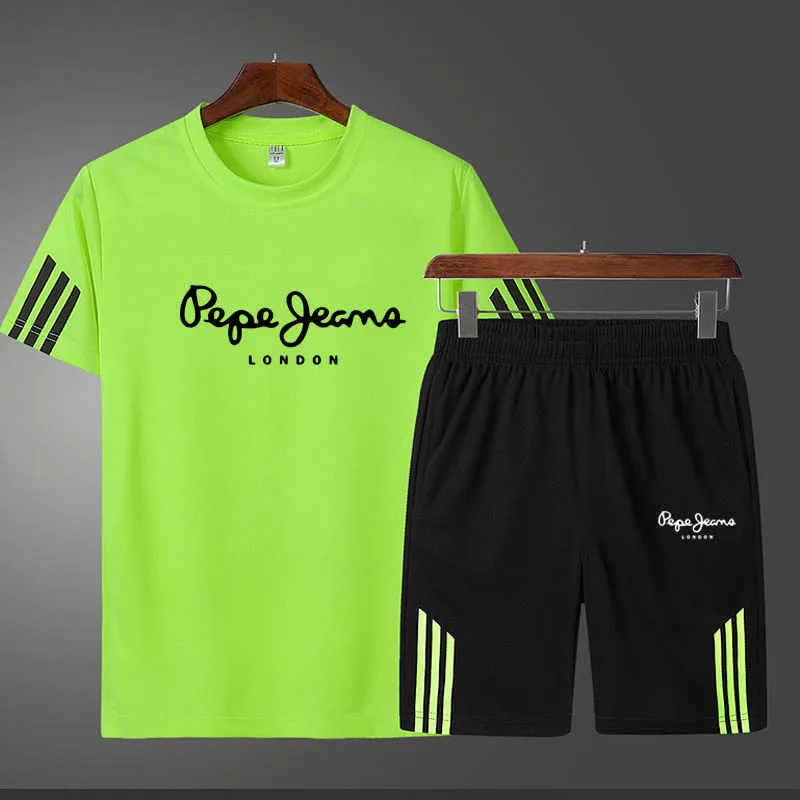 

2021 Summer Breath Absorb Fitness Jogging Gym Men Sportswear Sets 2 Piece Set Short Sleeve Tshirt +Shorts Mens Sports Suits 5xl