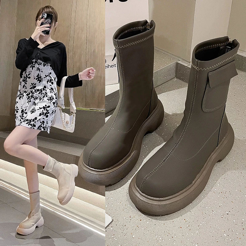 

New leather non-slip women's ankle boots fashion casual thick-soled high-heeled winter shoes women's short boots punk style