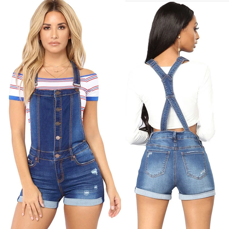 

Short Denim Overalls Women Hole Short Jumpsuit High Waist Casual Jeans Playsuit Washed Salopette Straps 2019 Summer Jeans Romper