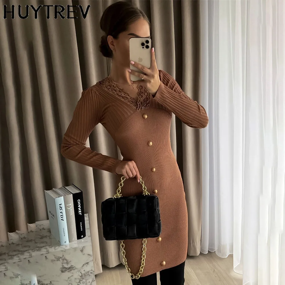 

2021 Autumn Winter New Knitted Dress Women Fashion Lace Single Breasted Party Mini Dresses For Woman Office Ladies Vestidos