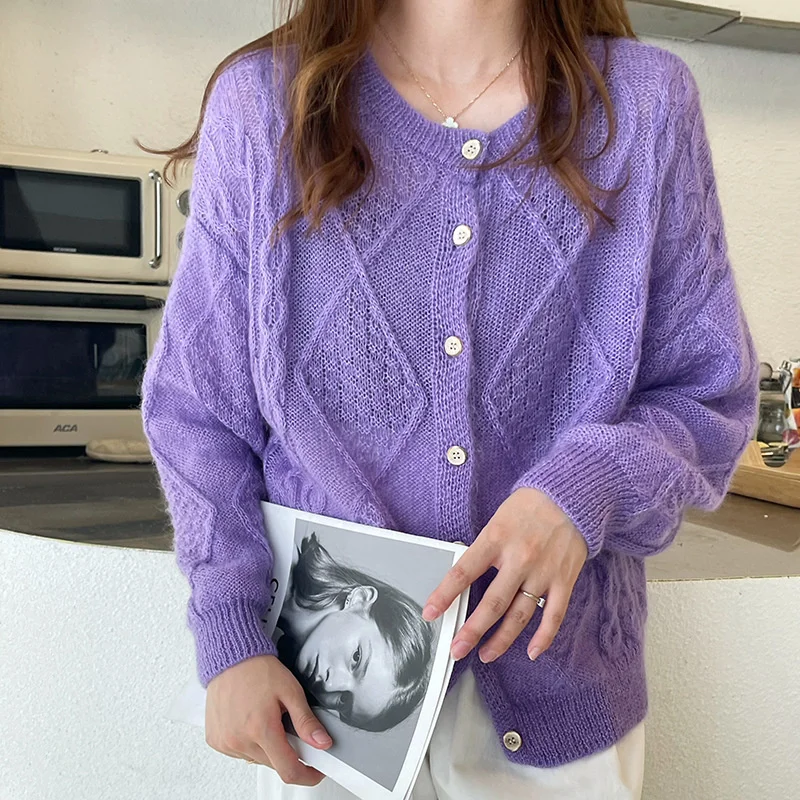 

Свитер Yajiman, женский новый вязаный кардиган из мохера с круглым вырезом и длинным рукавом, с перекрученными цветами, Осень-зима 2021