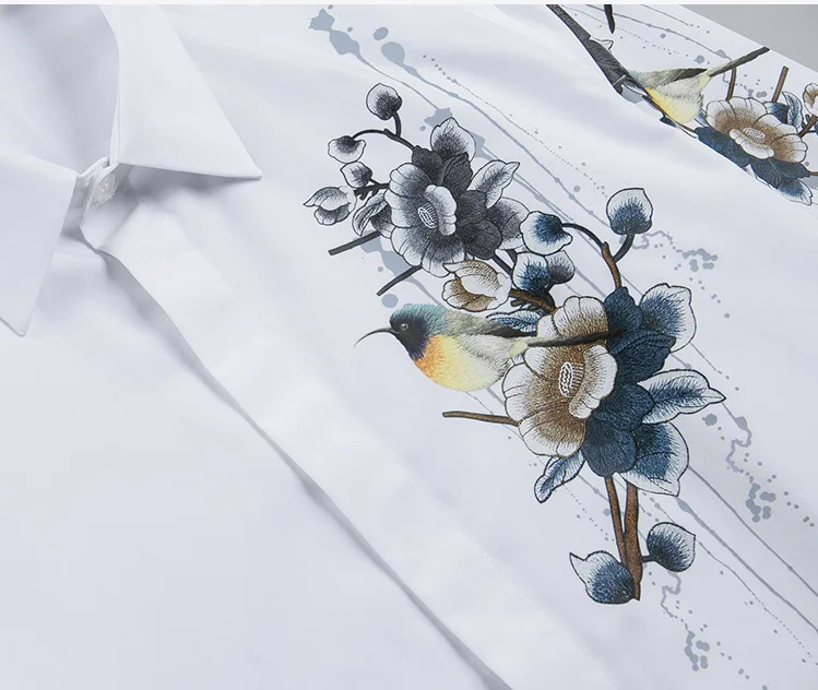 

New Cotton Male Shrits High Quality Long Sleeve Bird And Flower Embroidery Casual Party Slim Mens Dress Shirts Plus Size 4XL