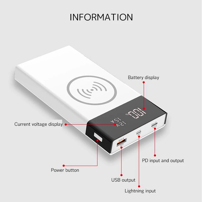 QC 3 0 цифровой дисплей Беспроводная зарядка внешний аккумулятор корпус 20000 мАч Type C