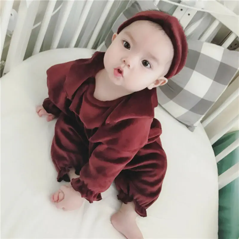 Детский однотонный комбинезон с длинным рукавом и повязкой на голову возраст 0-24