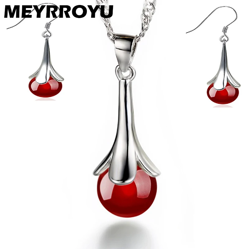 

MEYRROYU 925 Sterling Silver Korean Lucky Crystal Stone Pendant Necklace Earrings Jewelry Set Lady Engagement Party Gift