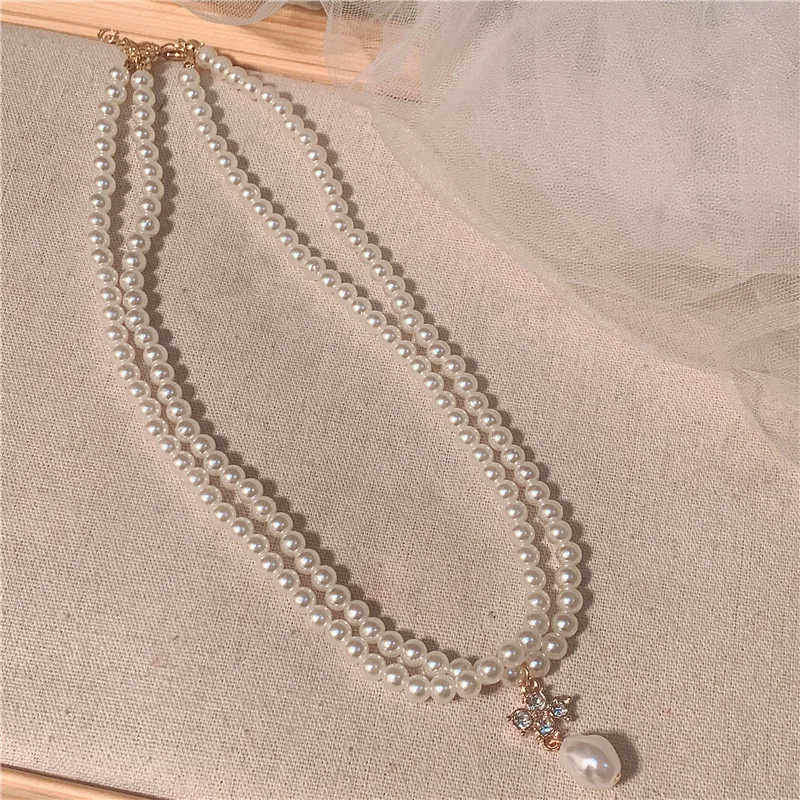 

White Double Pearl Pendant Necklace Round Rhinestone Inlaid Party Elegant Trend Travel Girl Women Korean fashion Valentine Gift