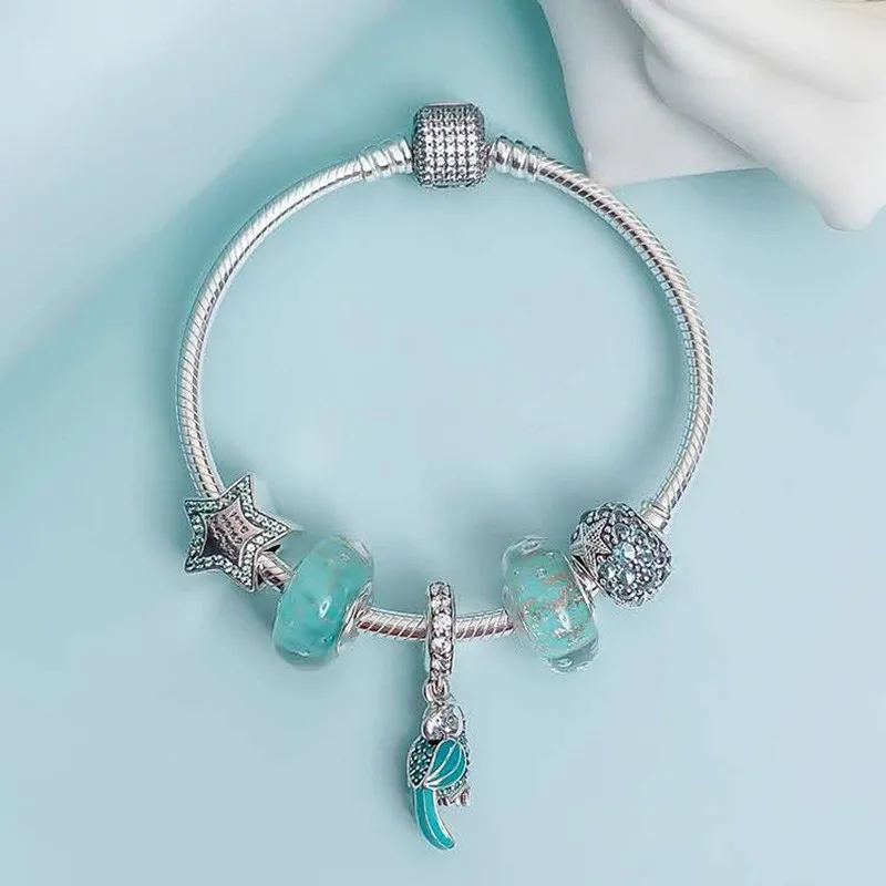 

New 925 Sterling Silver Classic Button With Starfish Beads Parrot Pendant Bracelet Fit Original Pan Charm Female Diy Jewelry