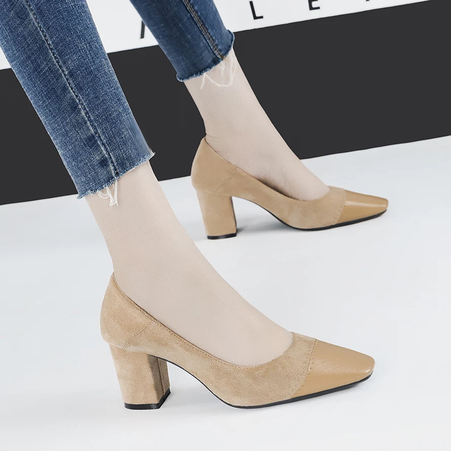 Женские туфли лодочки с квадратным носком на массивном каблуке 7 см лоскутные