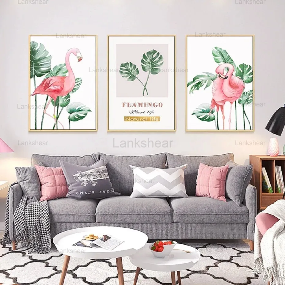 Скандинавская Картина на холсте с изображением розового фламинго и зеленых