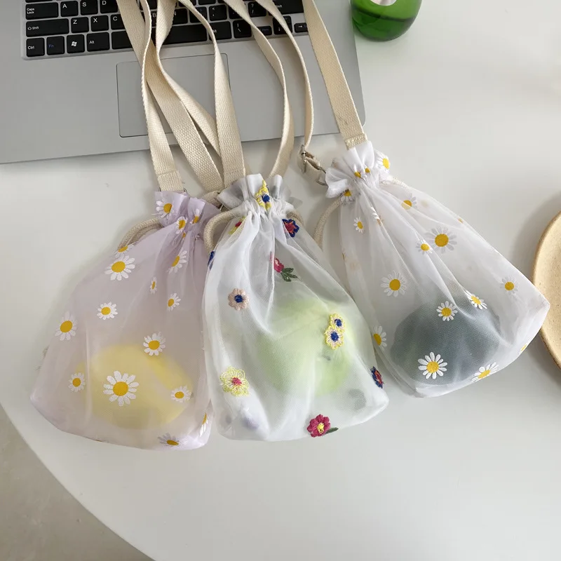 

Mesh Flower Women Small Crossbody Bag Cute Embroidered Ladies Storage Purse Handbags Fashion Girls Student Summer Shoulder Bag
