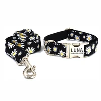 personalized pet collar custom puppy nameplate id tag adjustable buckle strong black daisy flower basic collars lead leash set