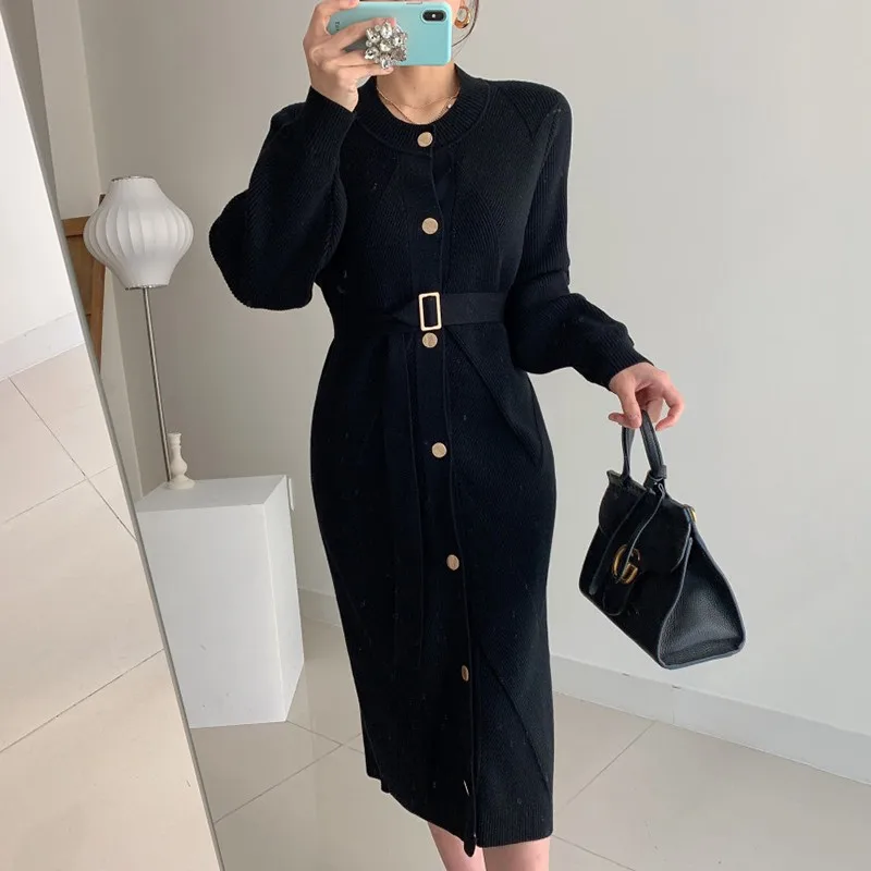 

Korean Chic Autumn Winter Knitted Dress With Belt Vestidos Verano 2021 Mujer Sukienki Na Wesele Damskie Elegant Roupa Feminina