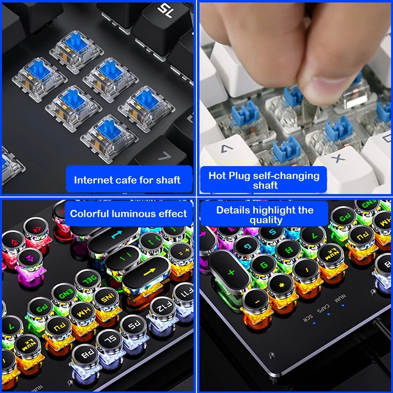 

Retro Punk Mechanical Keyboard Blue Black Switch 104 Keys USB Wired Gaming Keyboards RGB Backlit For PC Laptop Gamers