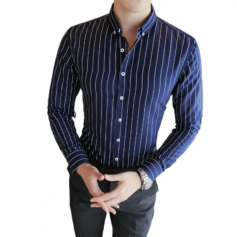 

Summer Shirt Buttons All Match Polyester Business Men Striped Shirt unique striped printing lapel collar buttons men shirt New