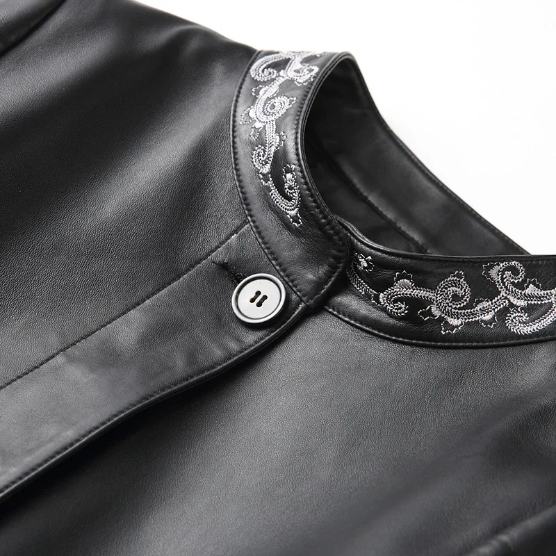 

Genuine Leather Streetwear Overcoat Women Luxury Embroidery Sheepskin Long Coat Jacket Fashion Winter Stand Collar Outerwear