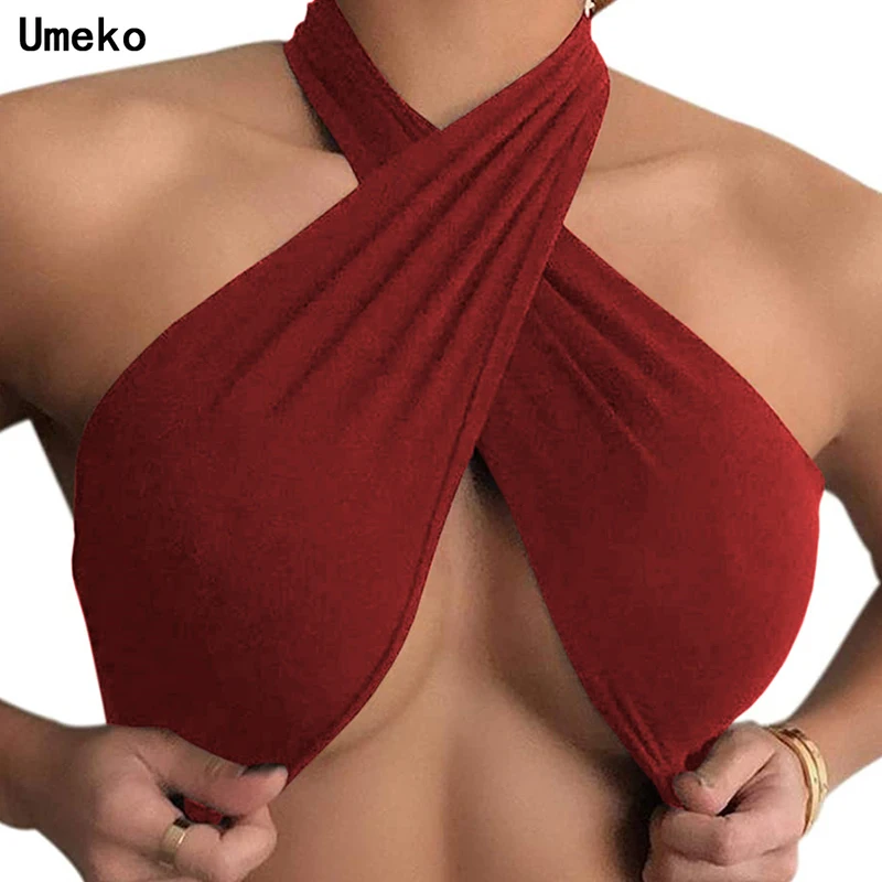 

Модный женский укороченный топ Umeko с лямкой через шею и перекрестными лямками, однотонные майки без рукавов, винтажные Клубные сексуальные ...