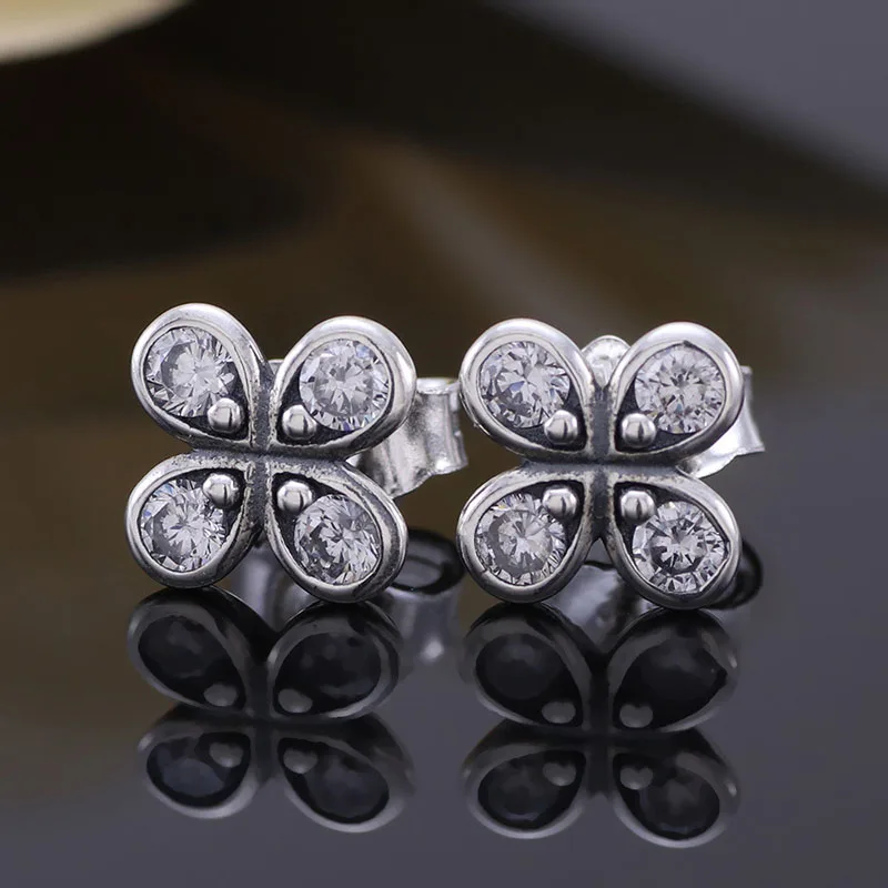 

Authentic S925 Sterling Silver Pan Earring Silver Lucky Clover Elegant Earrings For Women Wedding Party Gift Fashion Jewelry